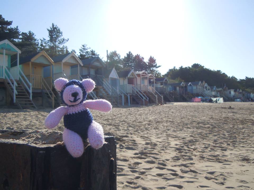 Panda Mick on the beach with beach huts
