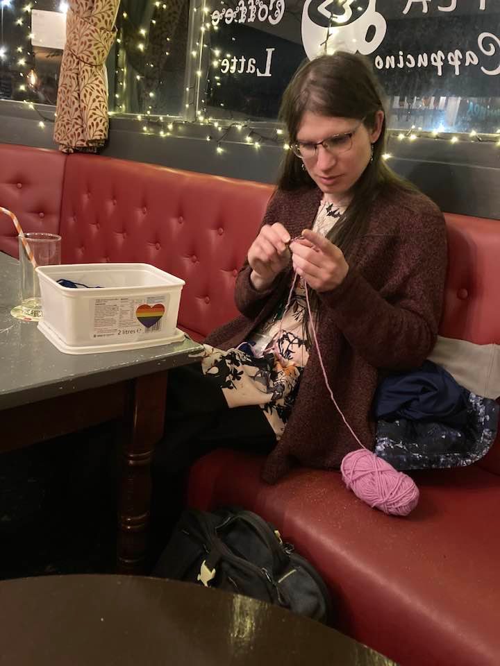 Stephanie crocheting a panda